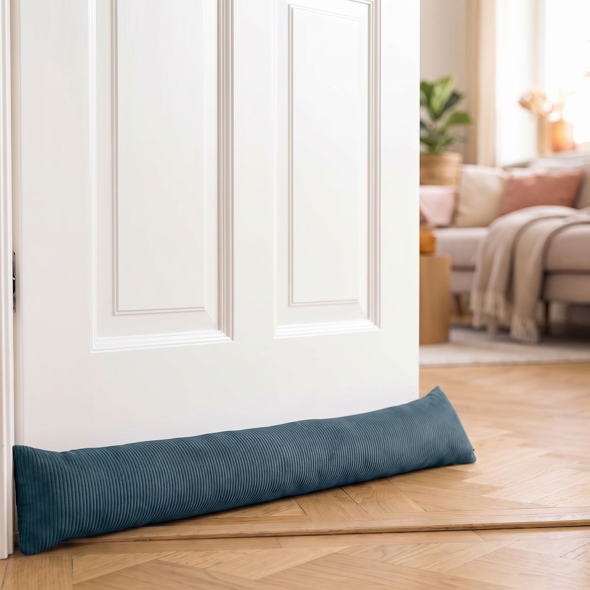 SCHÖNER LEBEN. Zugluftstopper Cord Baumwolle grob blau verschiedene Größen von SCHÖNER LEBEN. Zugluftstopper aus grobem blauen Cordstoff liegt vor einer weißen Tür auf Holzfußboden