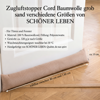 SCHÖNER LEBEN. Zugluftstopper Cord Baumwolle grob sand verschiedene Größen von SCHÖNER LEBEN. Langer sandfarbener Cord-Zugluftstopper liegt quer vor weißer Tür auf Parkett, Materialstruktur deutlich erkennbar