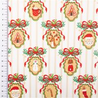 Weihnachtsstoff Baumwollstoff Joyeux Weihnachtsornamente mit Schleife natur rot 1,40m Breite Baumwollstoff mit roten Schleifen, Rentier- und Nikolausmotiven auf hellem Grund, Stoff mit Messskala