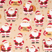 Weihnachtsstoff Baumwollstoff Joel Weihnachtsmänner beige rot 1,40m Breite Weihnachtsstoff aus Baumwolle in Beige mit roten Weihnachtsmännern und gelben Akzenten, Muster flach ausgebreitet