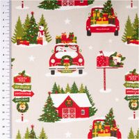 Weihnachtsstoff Baumwollstoff Freeze Weihnachtsauto hellgrau rot 1,40m Breite hellgrauer Baumwollstoff mit roten Autos, Weihnachtsbaum, Haus und Schneemann, flach ausgebreitet mit Messskala