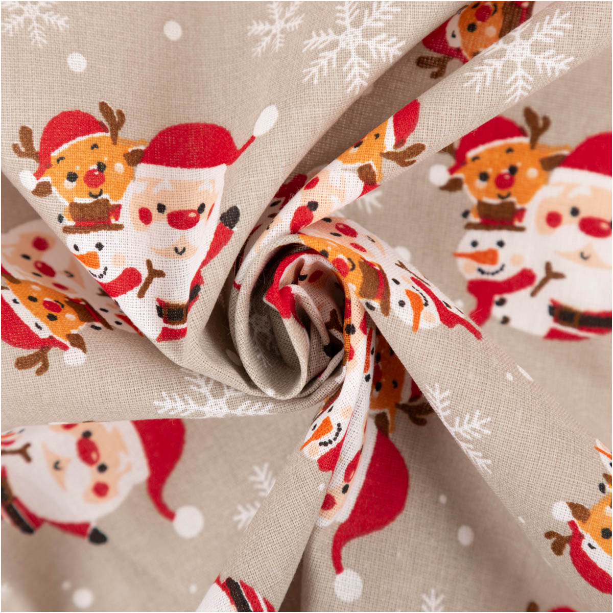 Weihnachtsstoff Baumwollstoff Reindeer Weihnachtsmann Rentier grau bunt 1,40m Breite Baumwollstoff mit grauer Basis, Weihnachtsmann und Rentier, winterliche Motive, Stoff locker zur Spirale gedreht