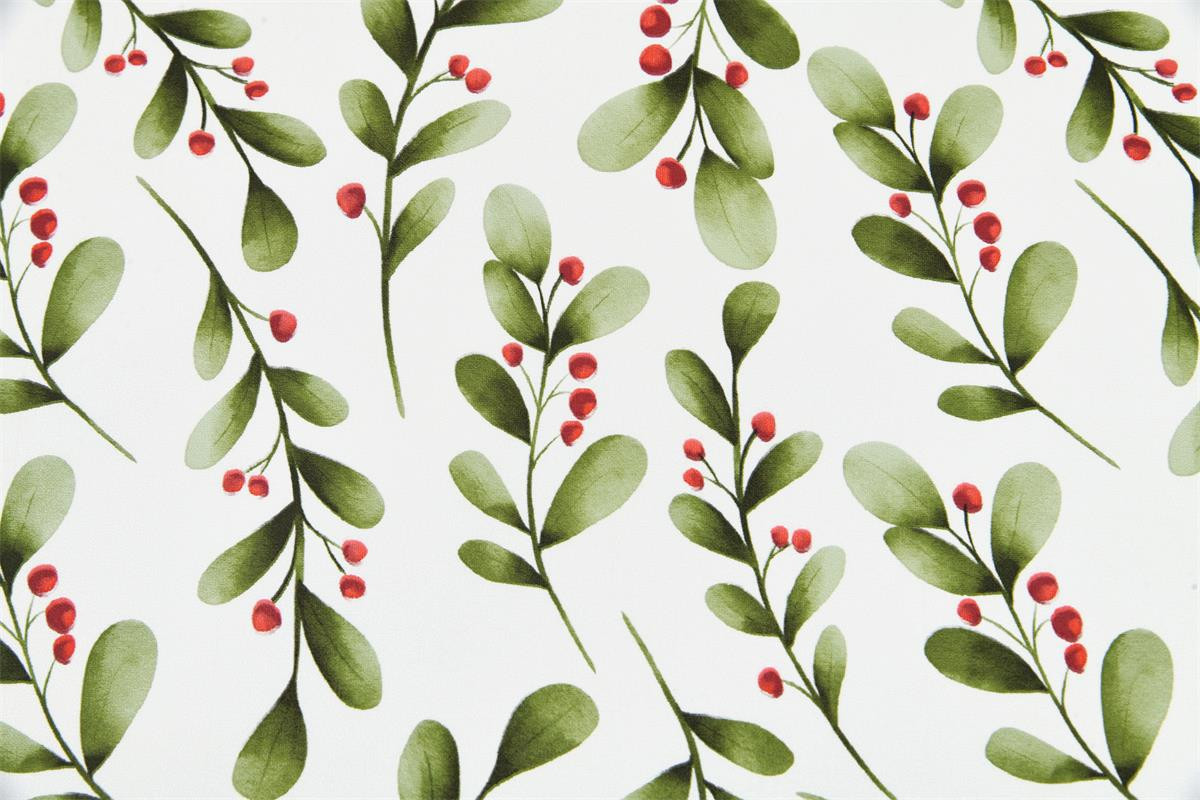 Abwaschbarer Tischdeckenstoff mit grünen Zweigen und roten Beeren auf Weiß, Nahaufnahme des Dessins.