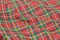 Abwaschbarer Tischdeckenstoff mit rot-grünem Tartan-Karo, Makroaufnahme der Oberfläche.