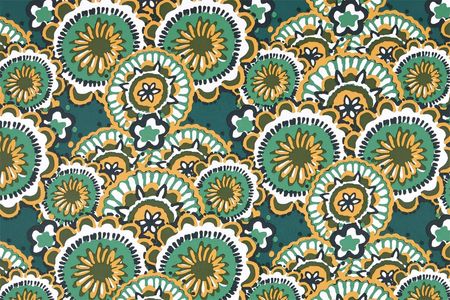 Abwaschbarer Tischdeckenstoff mit Mandalas in Petrol, Senfgelb und Mint, Musterrapport im Überblick. Abwaschbarer Tischdeckenstoff mit Mandalas in Petrol, Senfgelb und Mint, Musterrapport im Überblick.