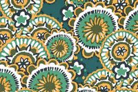 Abwaschbarer Tischdeckenstoff mit Mandalas in Petrol, Senfgelb und Mint, Ausschnitt des Dessins.