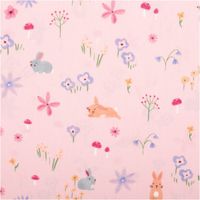 Baumwollstoff Meterware Popeline Hasen Blumen Pilze rosa bunt 1,48m Breite Popeline Stoff in Rosa mit bunten Blumen, Pilzen und Hasen, Nahaufnahme des Materials und Motivs