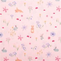 Baumwollstoff Meterware Popeline Hasen Blumen Pilze rosa bunt 1,48m Breite Rosa Baumwollstoff mit Hasen, Blumen und Pilzen, flach ausgebreitet, Design mit buntem Motiv