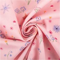 Baumwollstoff Meterware Popeline Hasen Blumen Pilze rosa bunt 1,48m Breite Baumwoll Popeline mit Pilzen, Hasen und Blumen in Rosa, Stoff zur Spirale gelegt, florales Design