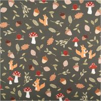 Baumwollstoff Meterware Popeline Eichhörnchen Pilze Herbst dunkelgrün bunt 1,48m Breite Dunkelgrüner Baumwollstoff mit bunten Eichhörnchen, Pilzen und Herbstmotiven in Nahaufnahme