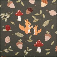 Baumwollstoff Meterware Popeline Eichhörnchen Pilze Herbst dunkelgrün bunt 1,48m Breite Baumwollstoff in Dunkelgrün mit Eichhörnchen, Pilzen, Eicheln und Blättern als herbstliches Motiv