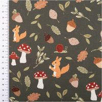 Baumwollstoff Meterware Popeline Eichhörnchen Pilze Herbst dunkelgrün bunt 1,48m Breite Nahaufnahme von dunkelgrünem Popeline mit bunten Herbstmotiven wie Pilzen, Eichhörnchen und Eicheln sowie Maßband am Rand