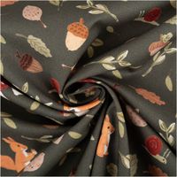 Baumwollstoff Meterware Popeline Eichhörnchen Pilze Herbst dunkelgrün bunt 1,48m Breite Baumwollpopeline mit dunkelgrünem Hintergrund, Eichhörnchen, Pilzen, Eicheln und Blättern zur Spirale gelegt
