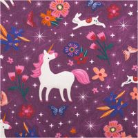 French Terry Sommersweat Einhörner Blumen Sterne beere bunt 1,45m Breite Nahaufnahme von French Terry Stoff mit weißem Einhorn, Blumen, Hasen und Sternen auf beerefarbenem Hintergrund