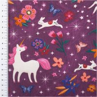 French Terry Sommersweat Einhörner Blumen Sterne beere bunt 1,45m Breite French Terry in beeretönen mit Einhörnern, Blumen und Sternen, Maßband am Rand, bunter Fantasy-Motivstoff
