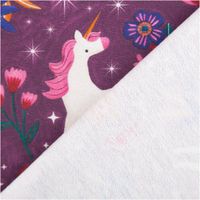 French Terry Sommersweat Einhörner Blumen Sterne beere bunt 1,45m Breite French Terry Stoff beere mit Einhorn, Blumen und Sternen, Vorder- und Rückseite sichtbar