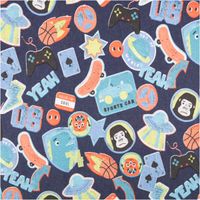 French Terry Sommersweat Patches Gaming Skateboard dunkelblau bunt 1,45m Breite French Terry Stoff in Dunkelblau mit bunten Patches, Basketball, Gamecontroller und Peace-Zeichen als Motiv