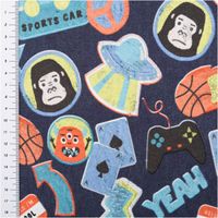 French Terry Sommersweat Patches Gaming Skateboard dunkelblau bunt 1,45m Breite French Terry in Dunkelblau mit UFO, Basketball, Gorilla, Spielkarten und Gamepad, Nahaufnahme mit Lineal