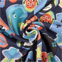 French Terry Sommersweat Patches Gaming Skateboard dunkelblau bunt 1,45m Breite dunkelblauer Sommersweat mit bunten Monster- und Spielemotiven, Stoff zur Spirale gedreht