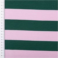 Sommersweat French Terry Streifen dunkelgrün rosa 1,48m Breite Stoffprobe aus French Terry mit breiten rosa und dunkelgrünen Streifen, links Maßband zum Größenvergleich