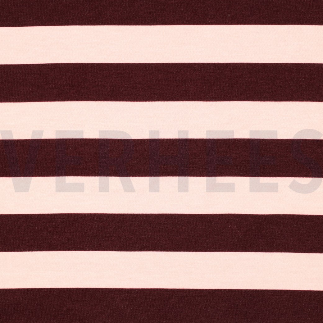 95789-Sommersweat-French-Terry-Streifen-bordeaux-zartrosa-1-48m-Breite-07157-006.jpg Sommersweat mit breiten Querstreifen in Bordeaux und Zartrosa, flach ausgelegt.