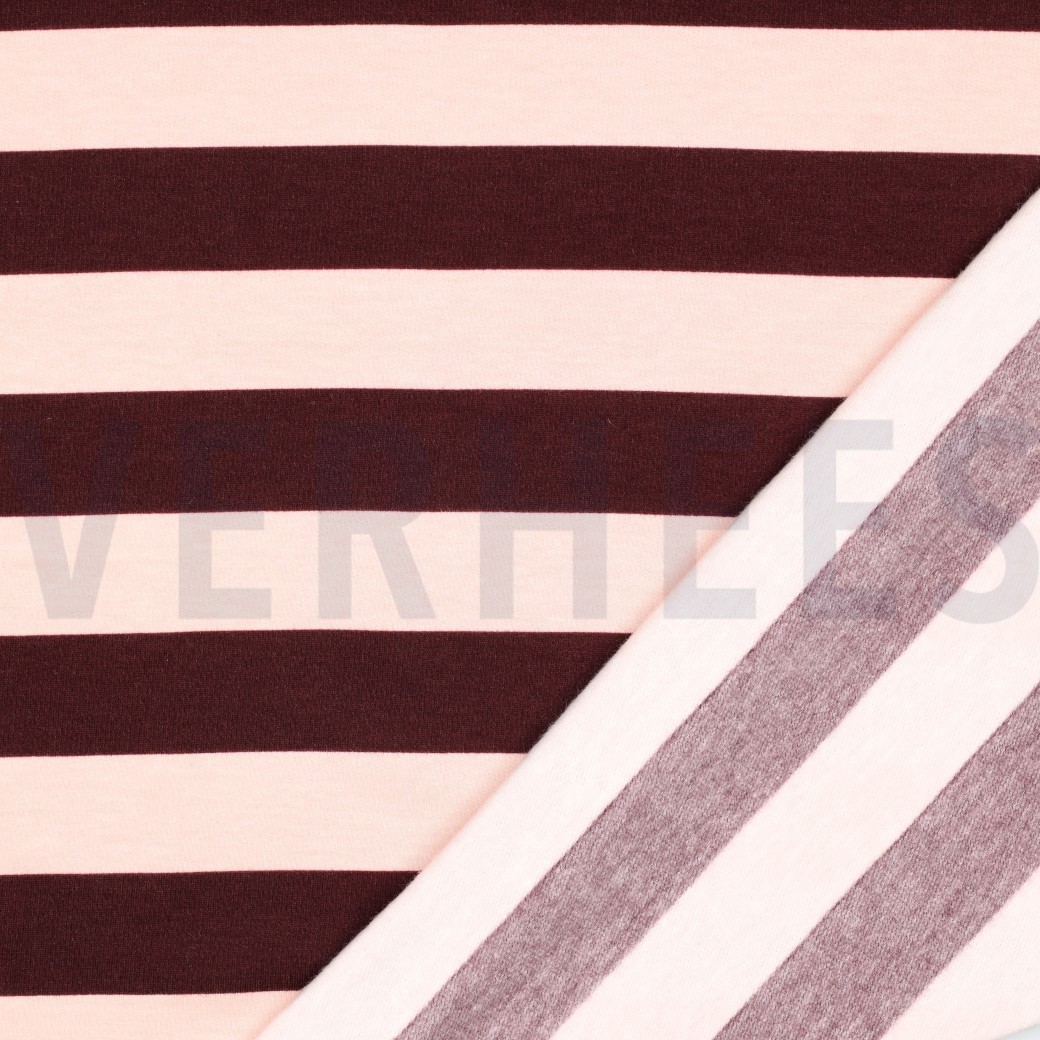 95789-Sommersweat-French-Terry-Streifen-bordeaux-zartrosa-1-48m-Breite-07157-006_3.jpg Umgeschlagener Sommersweat, glatte Vorderseite und angeraute Rückseite sichtbar.