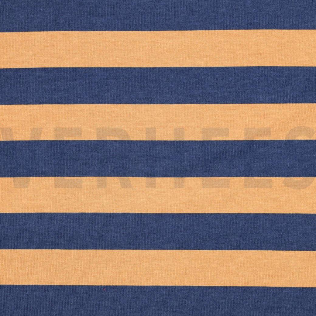 95790-Sommersweat-French-Terry-Streifen-jeansblau-apricot-1-48m-Breite-07157-004.jpg Sommersweat mit breiten Querstreifen in Jeansblau und Apricot, flach ausgelegt.