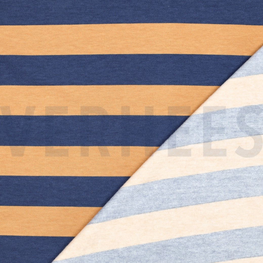 95790-Sommersweat-French-Terry-Streifen-jeansblau-apricot-1-48m-Breite-07157-004_3.jpg Umgeschlagener Sommersweat, glatte Vorderseite und angeraute Rückseite sichtbar.