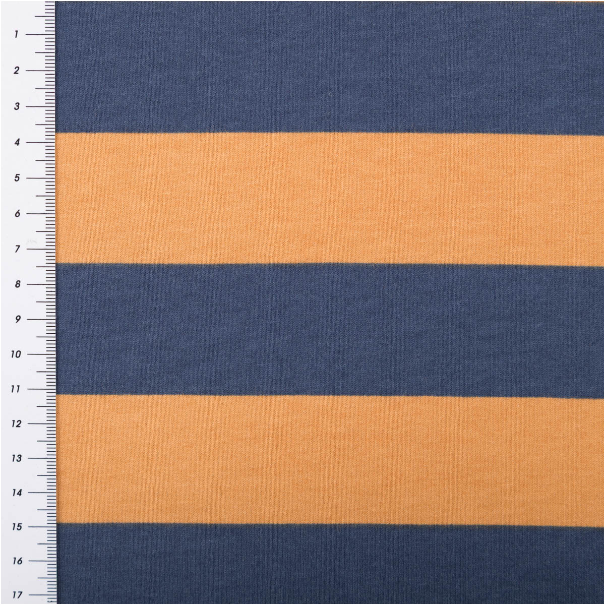 Sommersweat French Terry Streifen jeansblau apricot 1,48m Breite Streifenstoff aus Sommersweat in jeansblau und apricot mit Maßband am Rand