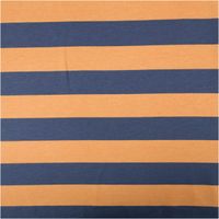 Sommersweat French Terry Streifen jeansblau apricot 1,48m Breite Nahaufnahme von French Terry Stoff mit breiten Streifen in jeansblau und apricot