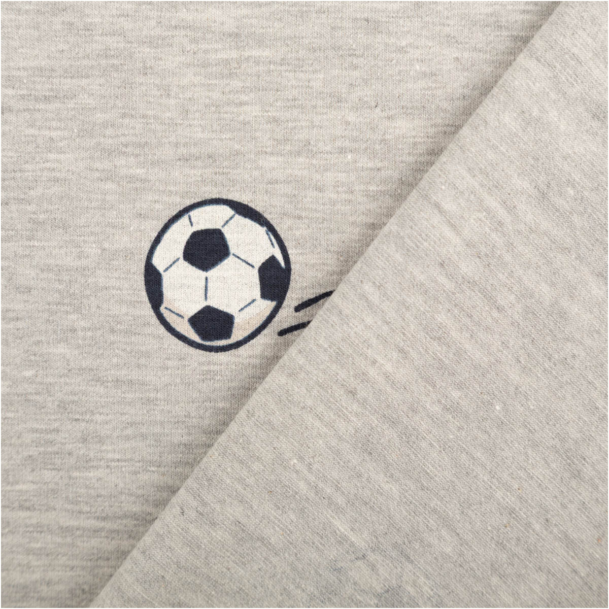 Jersey Stoff Meterware Fußbälle hellgrau meliert 1,48m Breite hellgrau melierter Jersey Stoff, Vorder- und Rückseite sichtbar, schwarzes Fußball Motiv auf der Oberfläche