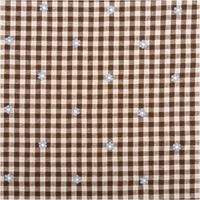 karierter Baumwolle Viskose Stoff in Braun und Creme mit Blumen-Stickerei, flach ausgebreitet