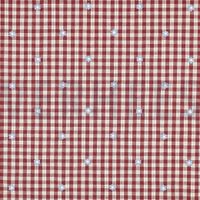 Baumwoll-Viskose-Gewebe mit feinem Karo in Bordeaux und Creme und hellblauen Stickblüten, flach ausgelegt.