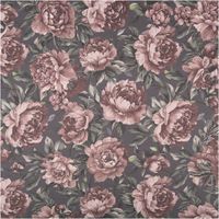 Stoff mit rosa Pfingstrosenmotiv auf grauem Hintergrund, detailreich und elegant.