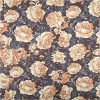 Baumwollstoff Trachtenstoff Classic Rosen dunkelblau gelb feinfädig und seidig glatt 1,40m Breite Blumenstoff mit Pfingstrosenmotiv in Beige und Blau auf dunkelbraunem Hintergrund, Gesamtansicht der Musterwiederholung.