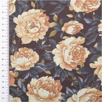 Baumwollstoff Trachtenstoff Classic Rosen dunkelblau gelb feinfädig und seidig glatt 1,40m Breite Stoff mit Pfingstrosenmotiv in Beige und Blau auf dunklem Hintergrund, mit Meterstab linksseitig.