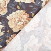 Baumwollstoff Trachtenstoff Classic Rosen dunkelblau gelb feinfädig und seidig glatt 1,40m Breite Blumenstoff mit blauen Blättern und Pfingstrosen, Detail- und Rückseitenansicht.