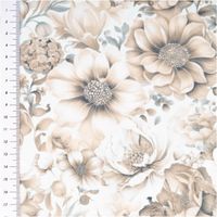 Baumwollstoff Trachtenstoff Classic Rosen beige feinfaedig und seidig glatt 1, 40m Breite Detailaufnahme eines Stoffmusters mit floralen Motiven in Beige und Braun, mit Meterstab links.