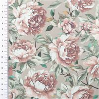 Baumwollstoff Trachtenstoff Classic Rosen mintgrün rosa feinfädig und seidig glatt 1,40m Breite Blumenstoff in Rosa auf beigefarbenem Hintergrund, Gesamtansicht mit Meterstab links.