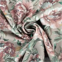 Baumwollstoff Trachtenstoff Classic Rosen mintgrün rosa feinfädig und seidig glatt 1,40m Breite Detailaufnahme des Blumenmusters mit Rosa-Pfingstrosen auf beigem Stoff in Wickeloptik.