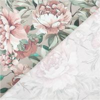Baumwollstoff Trachtenstoff Classic Rosen mintgrün rosa feinfädig und seidig glatt 1,40m Breite Detailaufnahme des floralen Musters in Rosa und Gruen mit Rueckseite sichtbar.