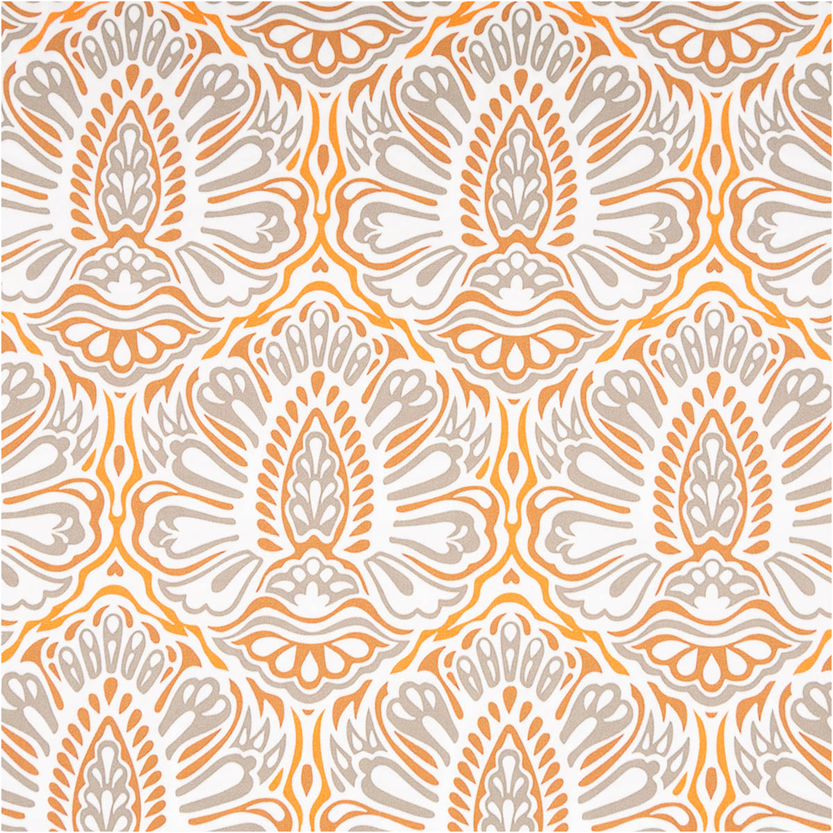 Muster aus geschwungenen Ornamenten in Orange und Beige auf weissem Hintergrund, Gesamtansicht.