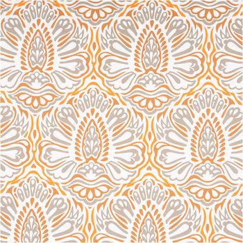 Baumwollstoff Trachtenstoff Ornamente weiß orange khaki feinfädig und seidig glatt 1,40m Breite Muster aus geschwungenen Ornamenten in Orange und Beige auf weissem Hintergrund, Gesamtansicht.