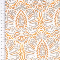 Baumwollstoff Trachtenstoff Ornamente weiß orange khaki feinfädig und seidig glatt 1,40m Breite Nahaufnahme des orientalischen Musters in Orange und Beige auf Stoff mit Meterstab links.
