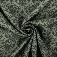 Baumwollstoff Trachtenstoff Classic Ornamente klein grün feinfaedig und seidig glatt 1,40m Breite Detailaufnahme eines Stoffmusters in Gruen mit geschwungenem Pflanzenmotiv, spiralförmig drapiert.