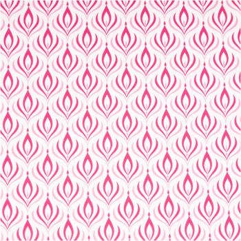 Baumwollstoff Trachtenstoff Retro Ornamente weiß pink feinfädig und seidig glatt 1,40m Breite Stoff mit rosa Pfauenauge-Muster, Gesamtansicht des sich wiederholenden Designs.