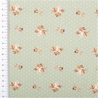 Baumwollstoff Trachtenstoff Classic Rosen Punkte klein lindgrün feinfädig und seidig glatt 1,40m Breite Blumenmuster auf hellgrünem Stoff mit weißen Punkten, Gesamtansicht mit Meterstab an der Seite.