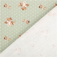 Baumwollstoff Trachtenstoff Classic Rosen Punkte klein lindgrün feinfädig und seidig glatt 1,40m Breite Stoff mit Blumenmuster in Grün-Braun, Vorder- und Rückseite sichtbar, dezente Punkte im Hintergrund.