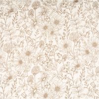 Musselin Stoff mit gezeichneten Wiesenblumen in Beige auf Wollweiß, flach ausgebreitet