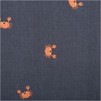 Musselin Stoff Krebse marineblau 1,50m Breite Nahaufnahme des Musselin Stoffs Krebse: orange Krebse auf Marineblau mit Knitterstruktur